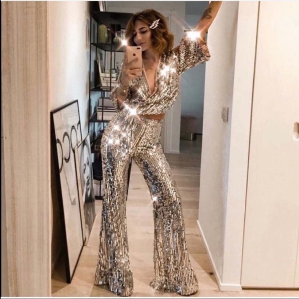 Zara Sequin Pants - wide leg / Flare NWT XS